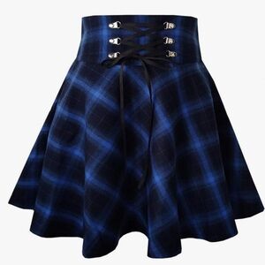 NWT TONCHENGSD black/blue plaid high waisted Gothic mini flare skirt XS